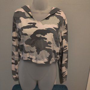 Green and Off White Camo Crop Top with Hood